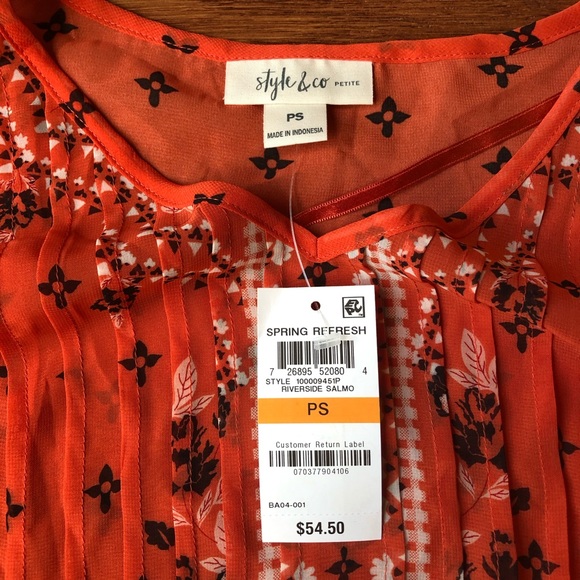 NWT STYLE & CO SHEER ORANGE BLOUSE WITH BLACK & WHITE PATTERN - Picture 6 of 8